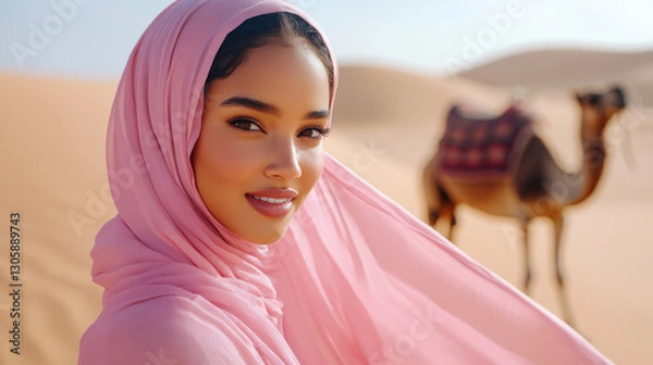 Fototapeta Afro woman wearing muslim apparel hijab smiling travelling in the desert with camel