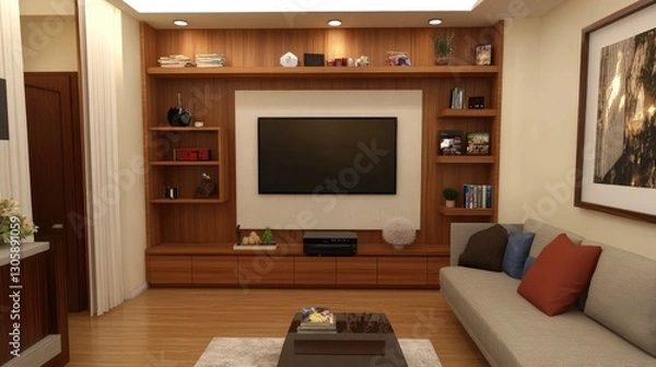 Fototapeta Compact apartment living room with a small sofa, wall-mounted TV, and shelving units for a neat and organized space