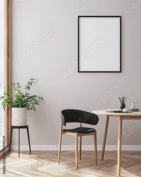Fototapeta Minimalist dining room with a black chair. a wooden table. a plant. and a blank frame on the wall