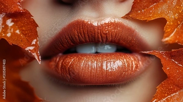 Obraz Autumnal Lips Glimmering With Copper Gloss and Leaves