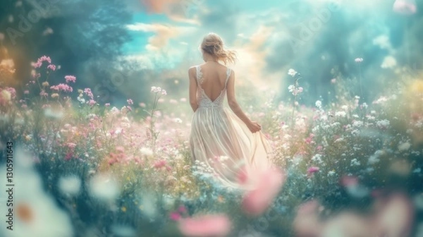 Fototapeta Beautiful woman in elegant long skirt dancing walking in wild flower field in Spring.