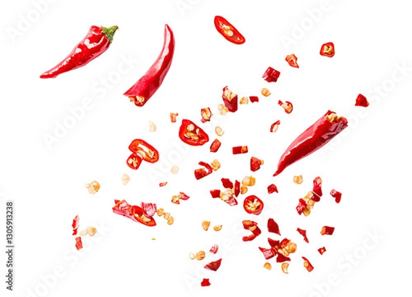 Fototapeta Scattered sliced red chili peppers with seeds and chopped pieces on a transparent background, fiery spice ingredient, dynamic food composition for culinary and seasoning designs