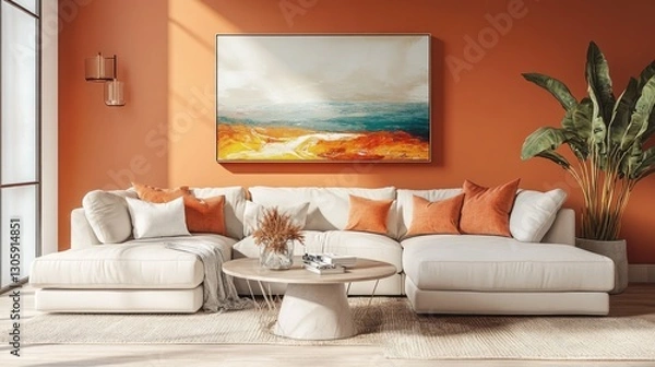 Fototapeta Cozy contemporary living room with a modular sofa, modern art on the walls, and a minimalist coffee table