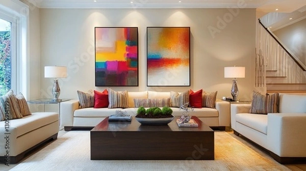 Obraz Cozy contemporary living room with a modular sofa, modern art on the walls, and a minimalist coffee table