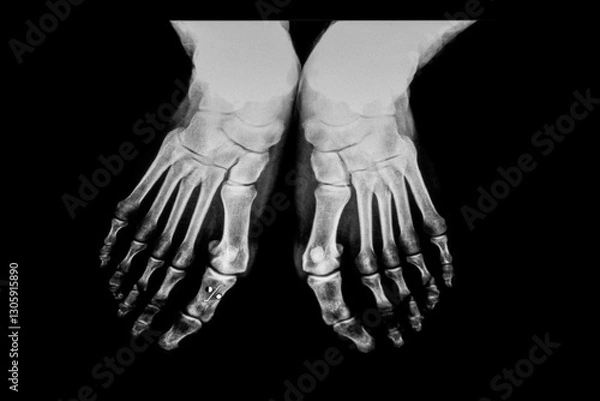 Fototapeta Standard radiograph of both feet in a weight-bearing position, showing the anatomical structure of the phalanges, metatarsals, tarsal bones, and joints. Assessing alignment, fractures, or deformities.