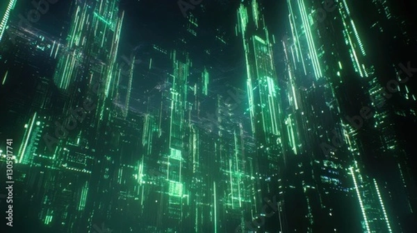 Obraz Dark futuristic background with bright green holographic data connections, representing artificial intelligence and global networking.