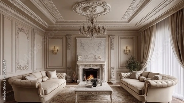Fototapeta Luxurious traditional living room with ornate ceiling molding, a marble fireplace, and plush seating in neutral tones