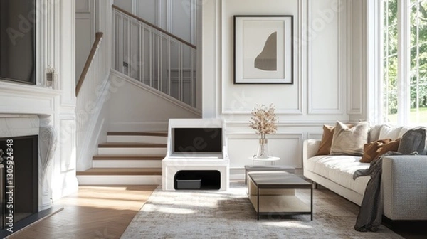 Fototapeta Luxury living room with built-in pet stairs to couches, a discreet litter box area, and tasteful decor for harmony and function