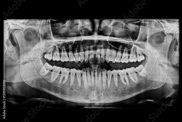 Fototapeta Dental panoramic x-ray of an adult patient showing a clear bone structure of the temporomandibular joint and maxillary sinus with all teeth well-aligned, and a partially decayed first lower molar.