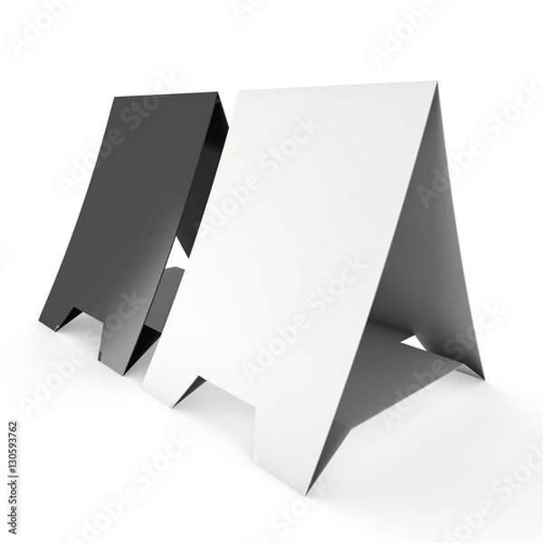 Fototapeta Two blank paper tent cards. 3d render illustration isolated. Table cards mock up on white background.