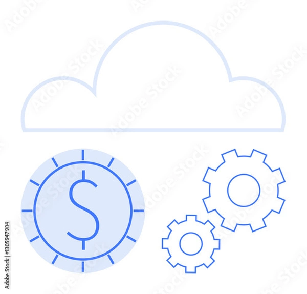 Fototapeta Cloud over coin with dollar sign and connected gears symbolizing fintech, cloud services, automation, data storage, cost optimization, integration, and digital transformation. Ideal for flat simple