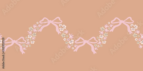 Fototapeta Vector cute Coquette seamless Border with Pink ribbon bow and flowers. Classic elegance flower banner.