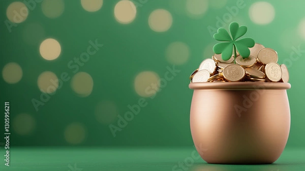 Fototapeta A small four-leaf clover growing in a pot with coin