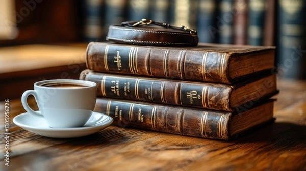 Fototapeta A professional lawyer's desk with financial law books, a briefcase, and a cup of coffee, illustrating the essence of legal practice and working life in a serene environment.