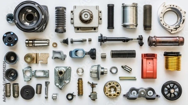 Fototapeta Flatlay Composition of Assorted Mechanical Parts, Industrial Hardware, Engineering Components, Auto Parts. Machine, Technology Auto Parts, Engineering, Machinery