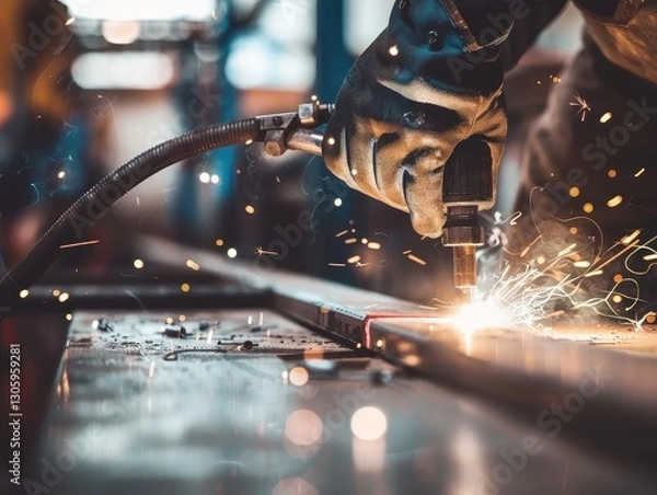 Fototapeta Skilled worker performing precise metal works with welding machine in workshop