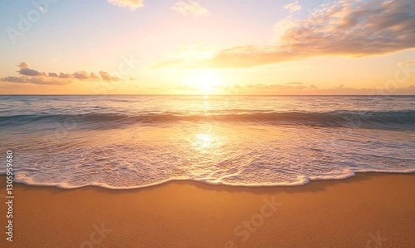Obraz Isolated tropical beach at sunrise with golden sands and serene atmosphere. Perfect for nature and travel themes.