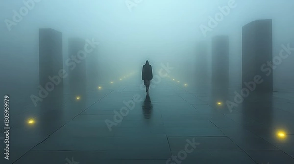 Fototapeta Lone Figure in Foggy Pathway