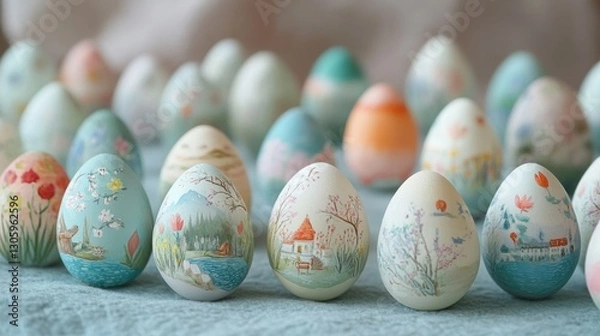 Fototapeta Pastel Easter eggs with delicate painted scenes displayed on a soft fabric background for festive decoration