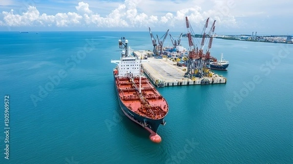 Fototapeta Offshore supply vessel refueling at a marine terminal in open waters  Cargo ship transporting fuel and resources for maritime logistics and energy