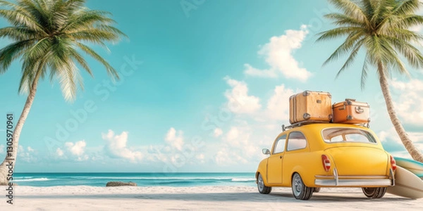 Fototapeta Adventure Awaits: A vibrant yellow car packed with luggage is parked on a pristine beach, framed by lush palm trees and turquoise waters, beckoning you to escape for some sun-soaked adventures.