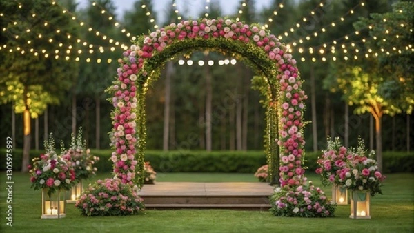 Fototapeta An elegant spring wedding setup in a garden, complete with floral decorations, twinkling lights, and a beautiful arch.