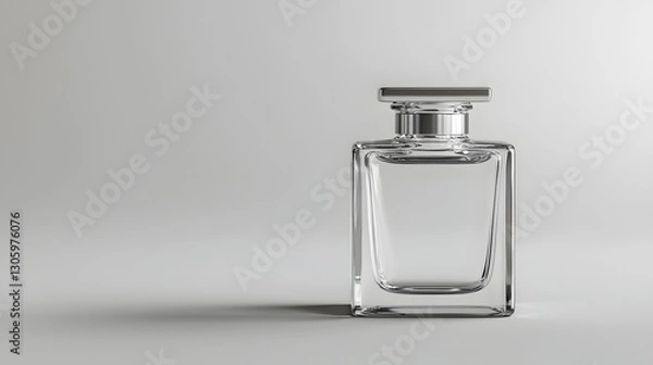 Fototapeta Sleek and Minimal Square Shaped Glass Bottle with Flat Silver Cap   A Stylish and Elegant Cosmetic or Perfume Container in a Sophisticated Studio Setup