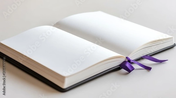 Fototapeta Open notebook, blank pages, purple ribbon bookmark