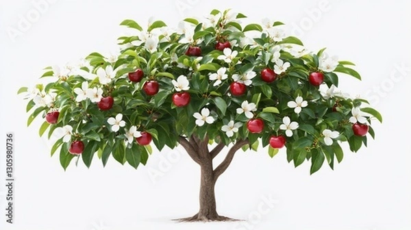 Fototapeta Blooming Apple Tree with Fruit, Isolated, White Background, Orchard, Food Packaging