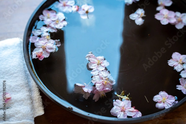 Obraz 水面に浮く桜の花びら