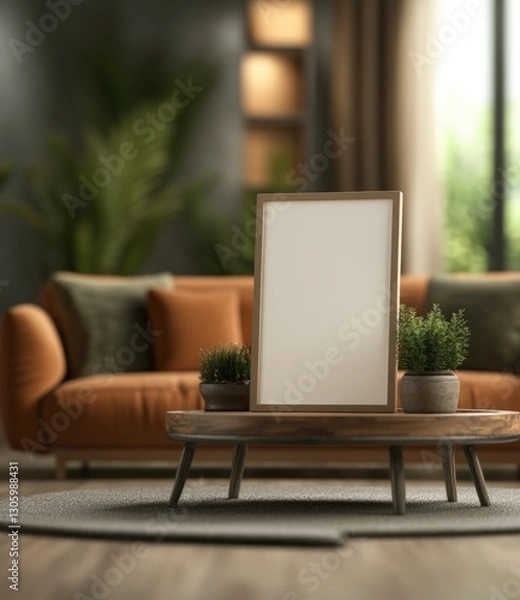 Fototapeta Modern living room with an empty frame and plants on a stylish coffee table in a cozy atmosphere