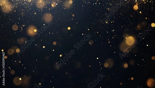 Fototapeta Shimmering light effects and golden bokeh particles enhance a black background.