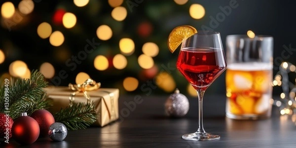 Fototapeta A beautifully arranged glass of refreshing holiday-themed beverages, designed to evoke the warm spirit of Christmas and create a festive ambiance for celebrations with loved ones.