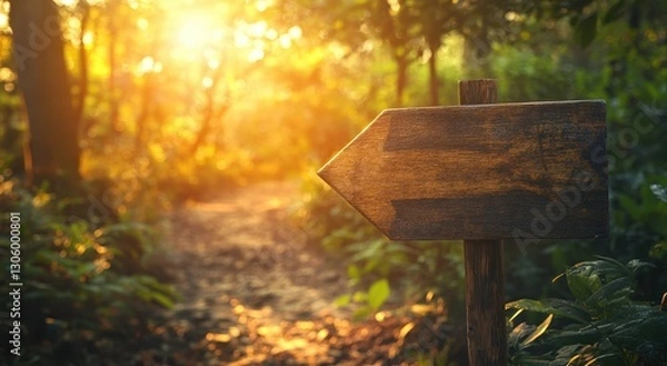 Fototapeta A sunlit forest path shows a wooden signpost pointing right, surrounded by lush greenery and warm golden light.