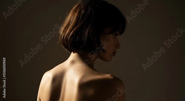 Fototapeta Back view portrait of a woman with short hair - highlighting vulnerability - suitable for art projects