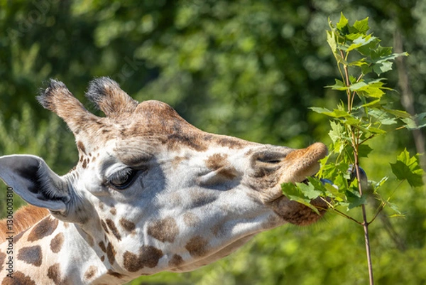 Obraz Portrait of a giraffe feeding on leaves from a branch