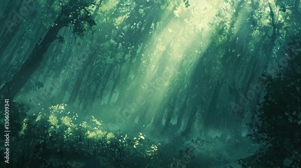 Fototapeta Sunlit Fog in Mystical Evergreen Forest