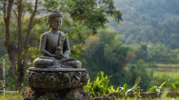 Fototapeta Serene Buddha statue in lush greenery