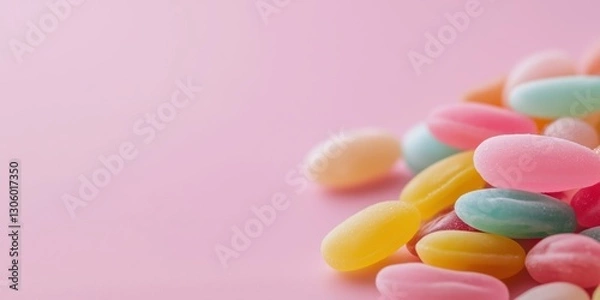 Fototapeta A vibrant collection of jelly beans in assorted colors resting on a soft pink background, showcasing the sugary delights that appeal to both children and adults alike.