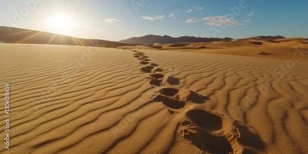 Fototapeta A serene view showcasing footprints leading through golden desert sand, illuminated by the warm glow of the rising sun, creating a tranquil atmosphere of solitude.