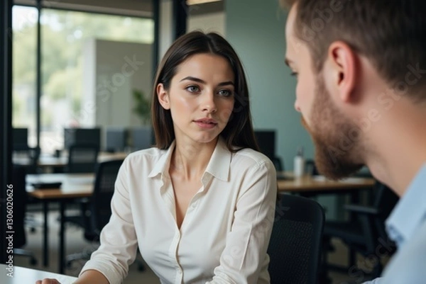 Fototapeta Professional Dialogue between a Young Woman and Man in a Contemporary Office Environment