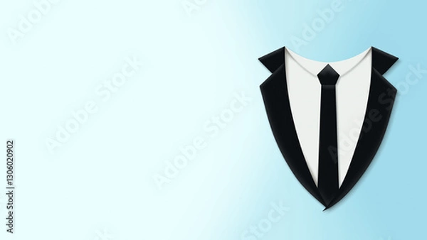 Fototapeta 黒いネクタイを締めた黒いスーツのアイコンが右にある水色の背景