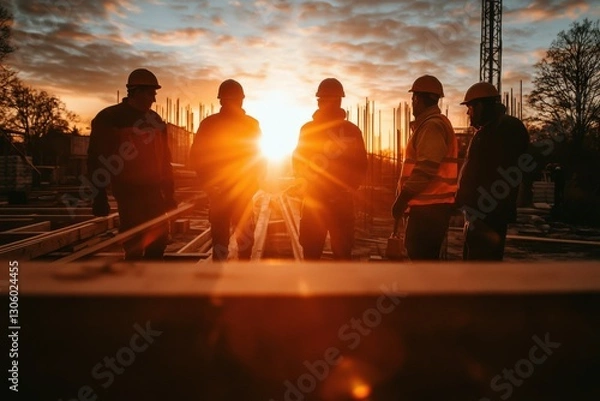 Fototapeta Silhouetted Construction Workers at Sunset: A Group of Diverse Male Laborers in Safety Helmets Stand on a Building Site, Silhouetted Against the Glorious Orange Sunlight