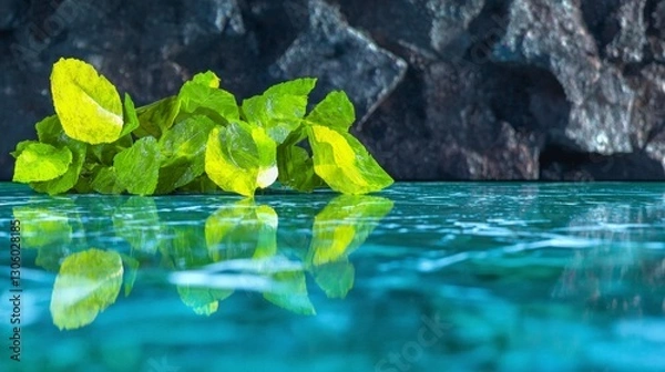 Fototapeta Lush Green Leaves Reflecting on Polished Marble Surface