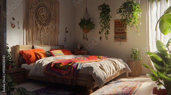 Fototapeta bedroom featuring a rustic bed frame, a colorful throw blanket, hanging plants, and wooden accents creating a relaxing ambiance 