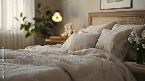 Fototapeta Cozy and Meticulously Rendered 3D Scene of a Serene Bedroom with Soft Textiles and Gentle Lighting