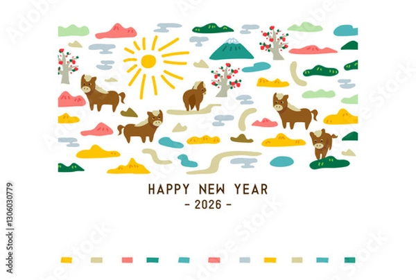 Obraz 彩り豊かな梅と山とお馬の年賀状テンプレート