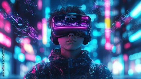 Obraz gamer wearing a headset in a futuristic digital background. International Virtual Reality Day. World Internet Day