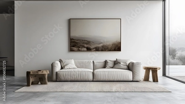 Fototapeta Minimalist Haven with Sleek Lines and Natural Materials in Modern Living Room Setting