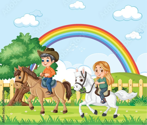 Obraz Happy Children Horseback Riding Under Rainbow